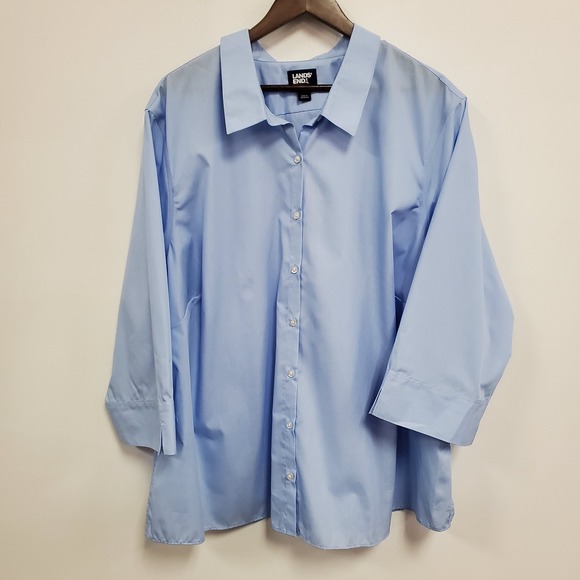 Lands' End Tops - Lands End Womens Wrinkle Free 3/4 Sleeve Button Up Top Size 32W Blue Office‎